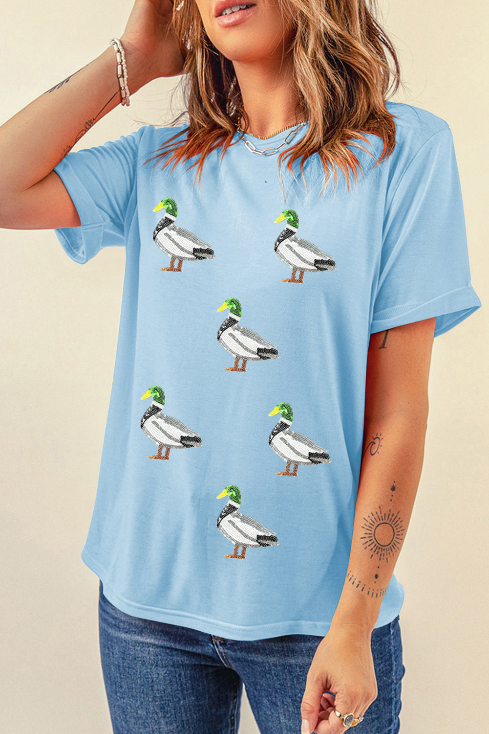 Light Blue Mallard Duck Graphic Sequins Patch Casual Tee b426992be9eb03f3