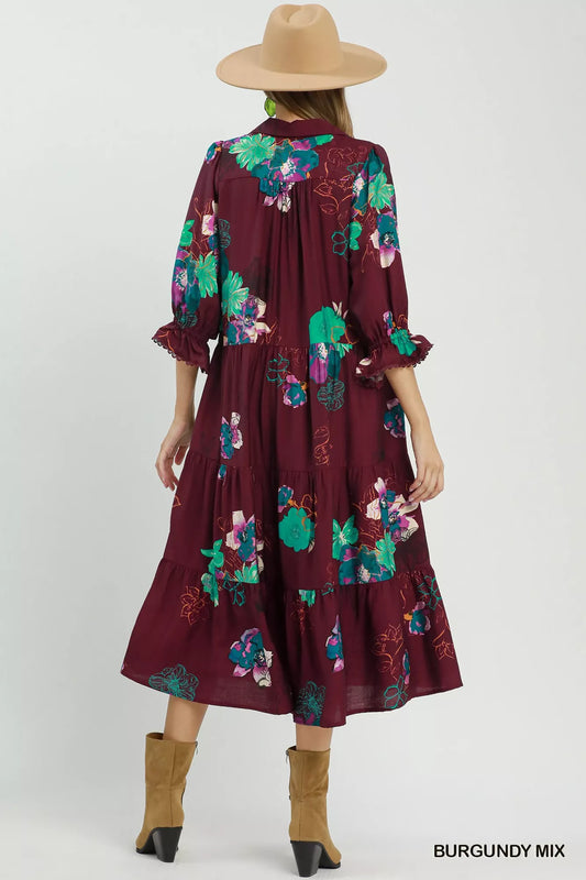 Floral Print Tiered Midi Dress with Puff Sleeves b427c939-d8f6-4533-9aac-42117e009db8-Max-Origin