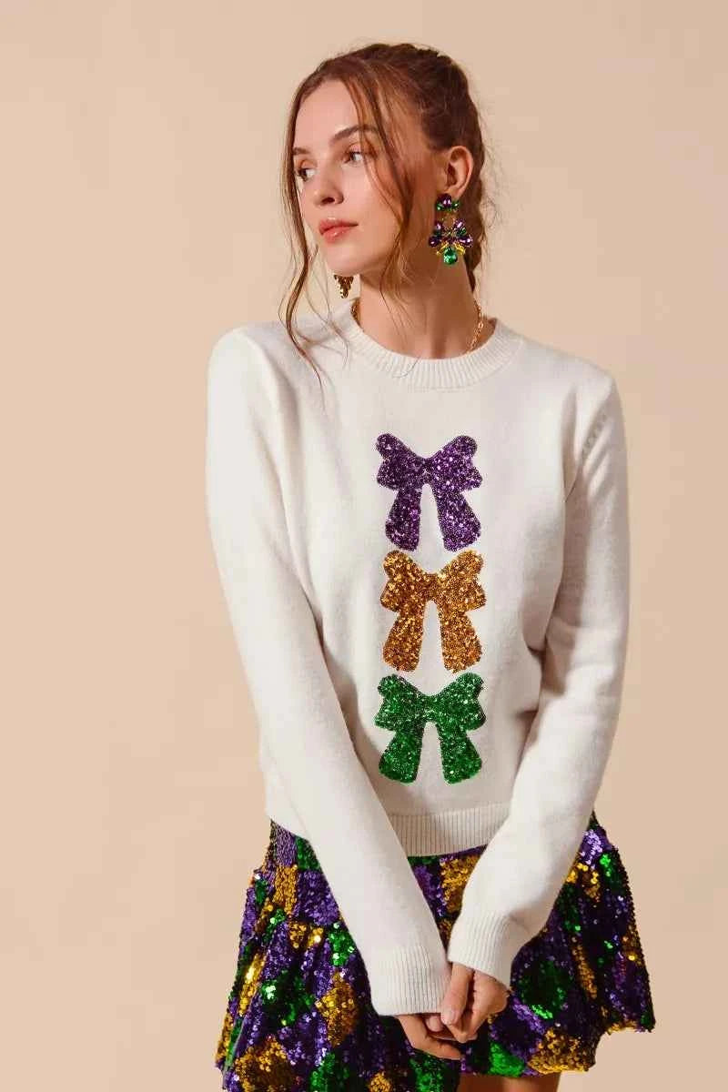 SO ME Mardi Gras Sequins Bow Ribbon Embellished Sweater b42829af458f4ed88d76c861a8c23436-Max-Origin