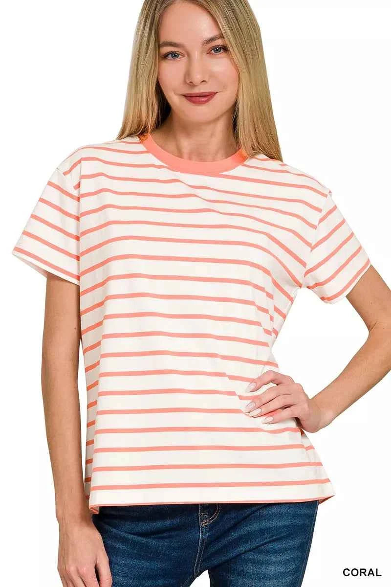 Zenana Striped Round Neck Short Sleeve T-Shirt CORAL b42d38bde1fc4bdc86fb122fabdb1dd0-Max-Origin