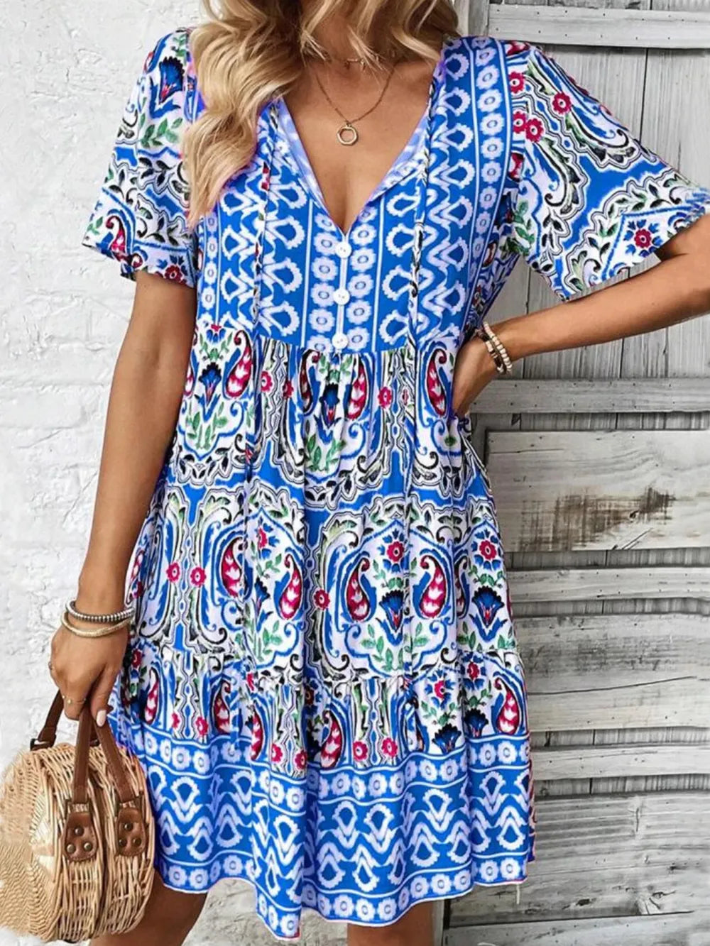 Printed Tie Neck Short Sleeve Dress Blue b42f6366-4c15-4115-97a3-ae784d576655-Max