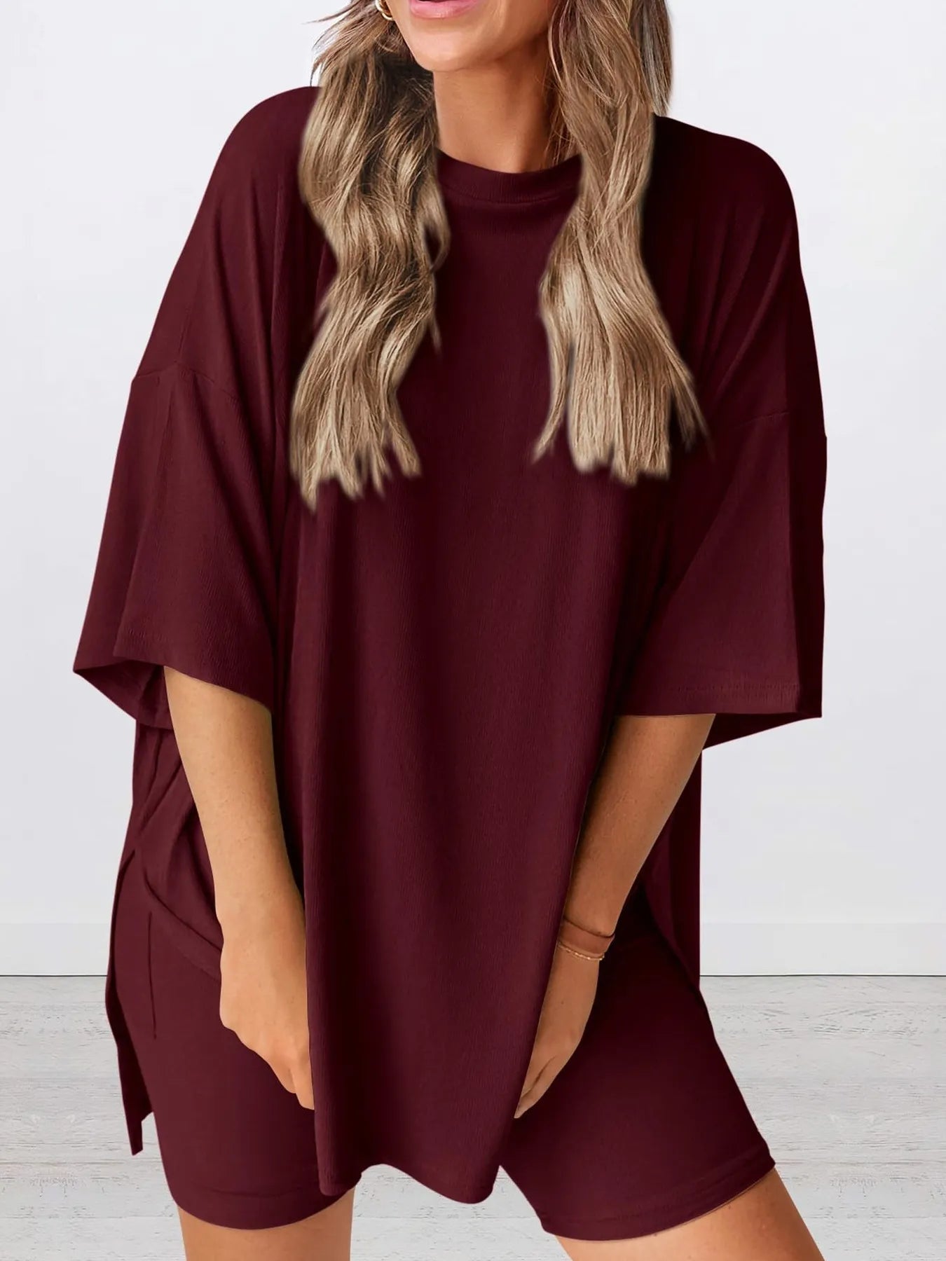 Full Size Oversized Slit Round Neck Top and Shorts Lounge Set Plus Size b4327b994f8d4427a983adae2f636354-Max-Origin