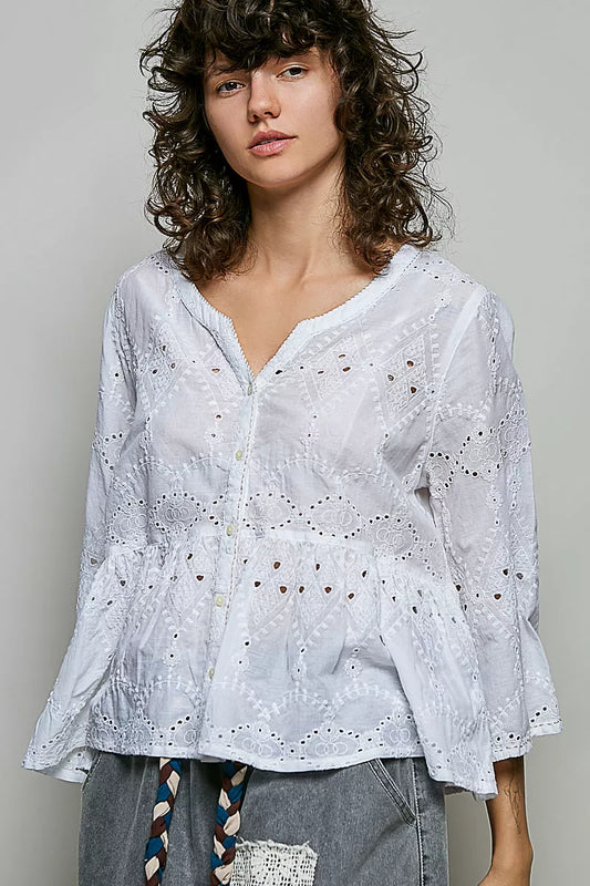 Eyelet Embroidery Peplum Button Front Cotton Shirt b439ee2e-9343-48b0-9144-68331d240ab4-Max-Origin