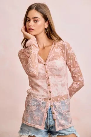 Bow Pattern Shrried V-neck Mesh Cardigan Top b43c92a417ed4acdaf2e74d0891a2d17-Max-Origin