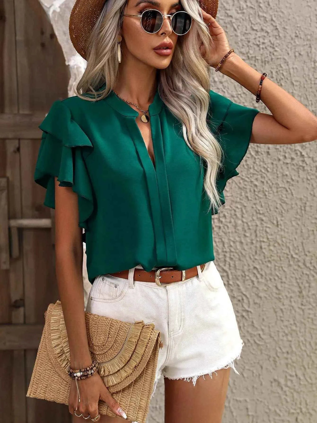 Ruffle Sleeve Notched Blouse b43f5317-437a-4c13-bcc5-23a5fe0fa897-Max-Origin