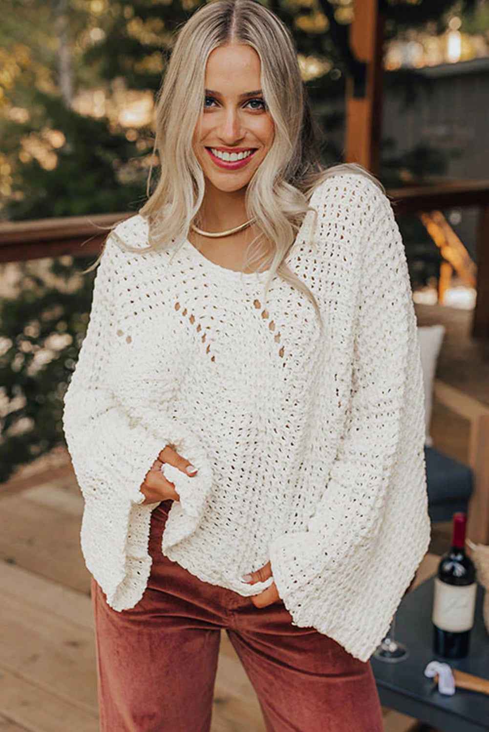 Camel Hollowed Detail Wide Sleeve Loose Pullover Sweater b4429a019e67e3fe