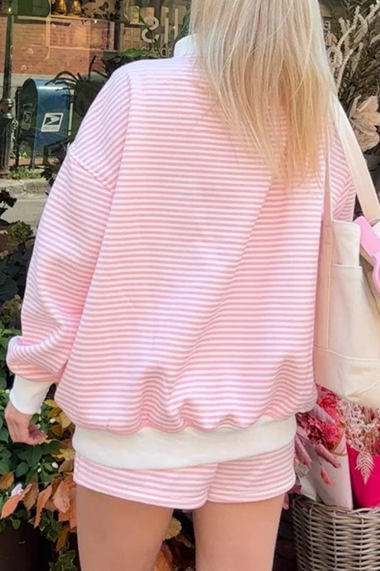 Pink Stripe Oversize Mock Neck Sweatshirt and Shorts Set b442f259b77a394a