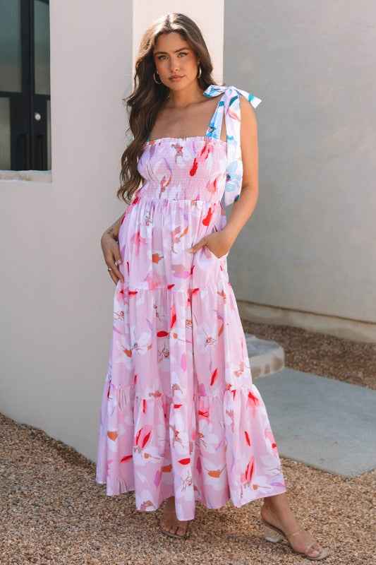 Floral Knotted Shoulder Smocked Maxi Dress b4435989-c8c4-4381-a355-a6860b306a5b