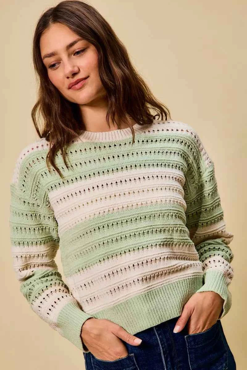 SO ME Openwork Round Neck Wide Stripe Textured Sweater b4484edc-c336-43b5-b67a-a6611219a1e1-Max-Origin