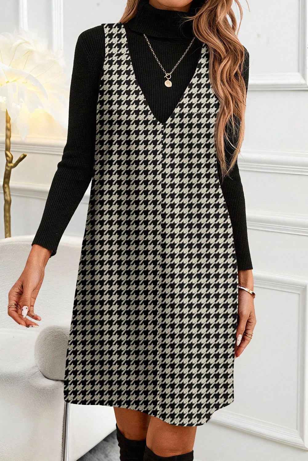 Red Houndstooth Print V Neck Sleeveless Mini Dress b4499744b10f7729
