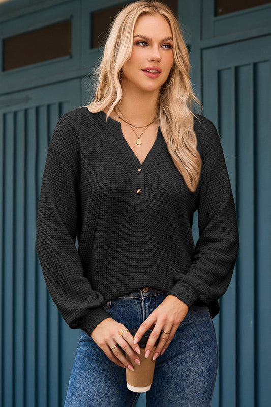Black Button Notched Neck Waffle Knit Long Sleeve Top b450fe30b35a6d74