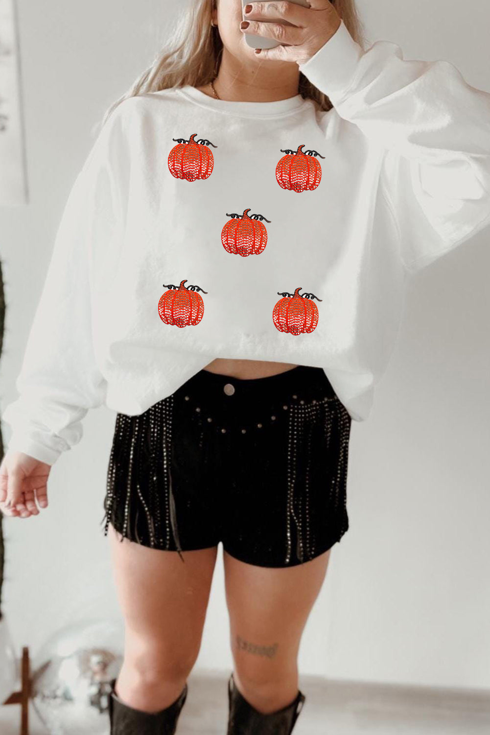 White Sequin Pumpkin Patched Drop Shoulder Sweatshirt b452aea3441160f7