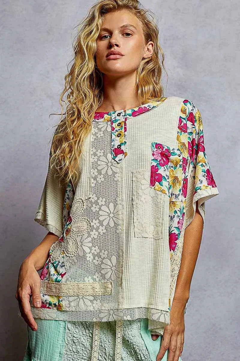 Lace Round Neck Short Sleeve Floral Pattern Top with Patch Detail b454e15d-4a40-4393-8433-cfc5d56a7009-Max-Origin