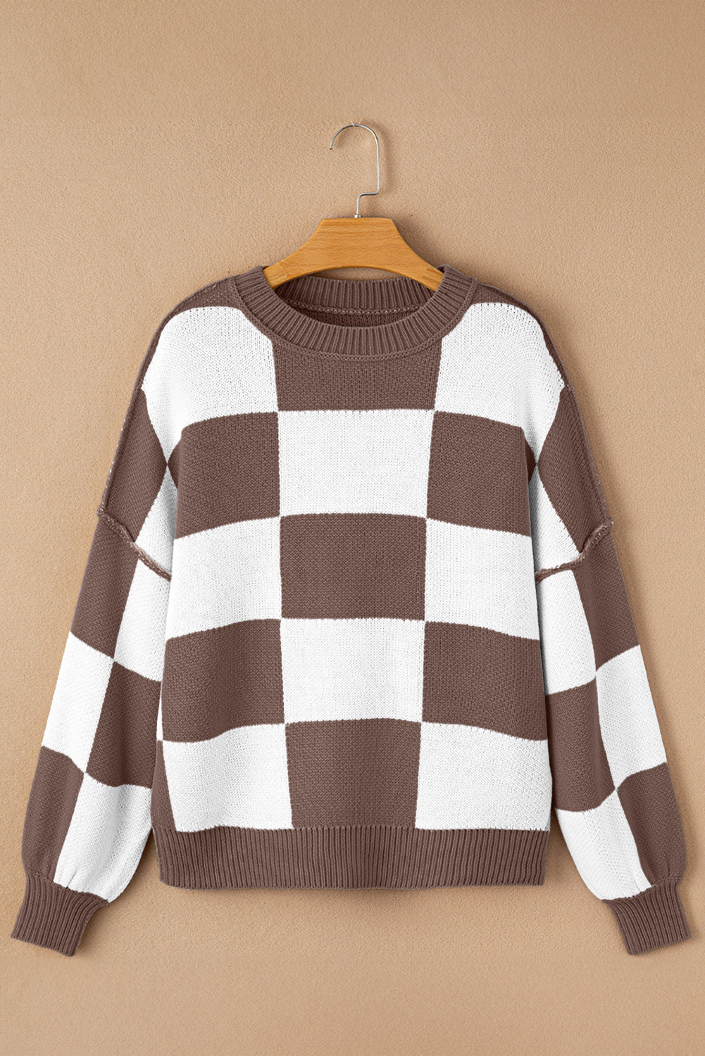 Pink Checked Bishop Sleeve Pullover Sweater b457cb96ba4484e8
