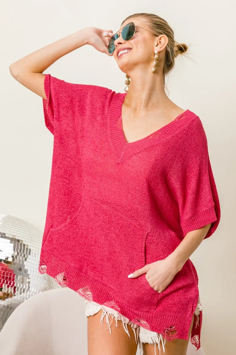 BiBi Distressed Hem V-Neck Slit Sweater b45c94e0-4d7e-45bc-b5a0-3645f69b63a8-Max
