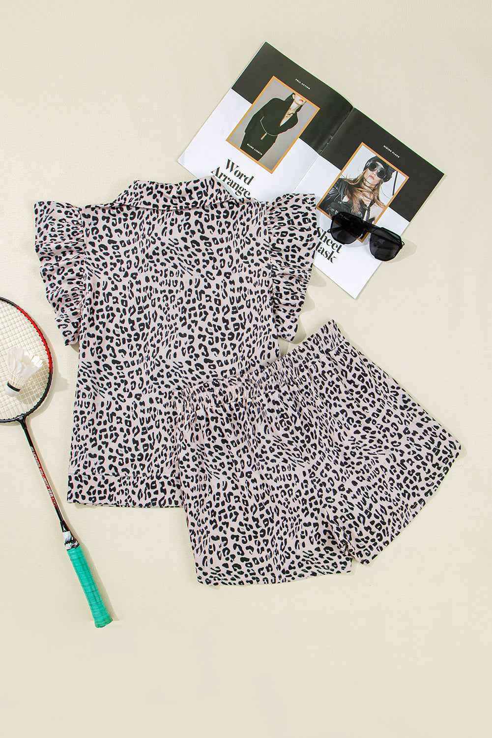 Brown Leopard Half Zipper Collared Ruffle Sleeve Top and Shorts Set b45f356dde8f0a41