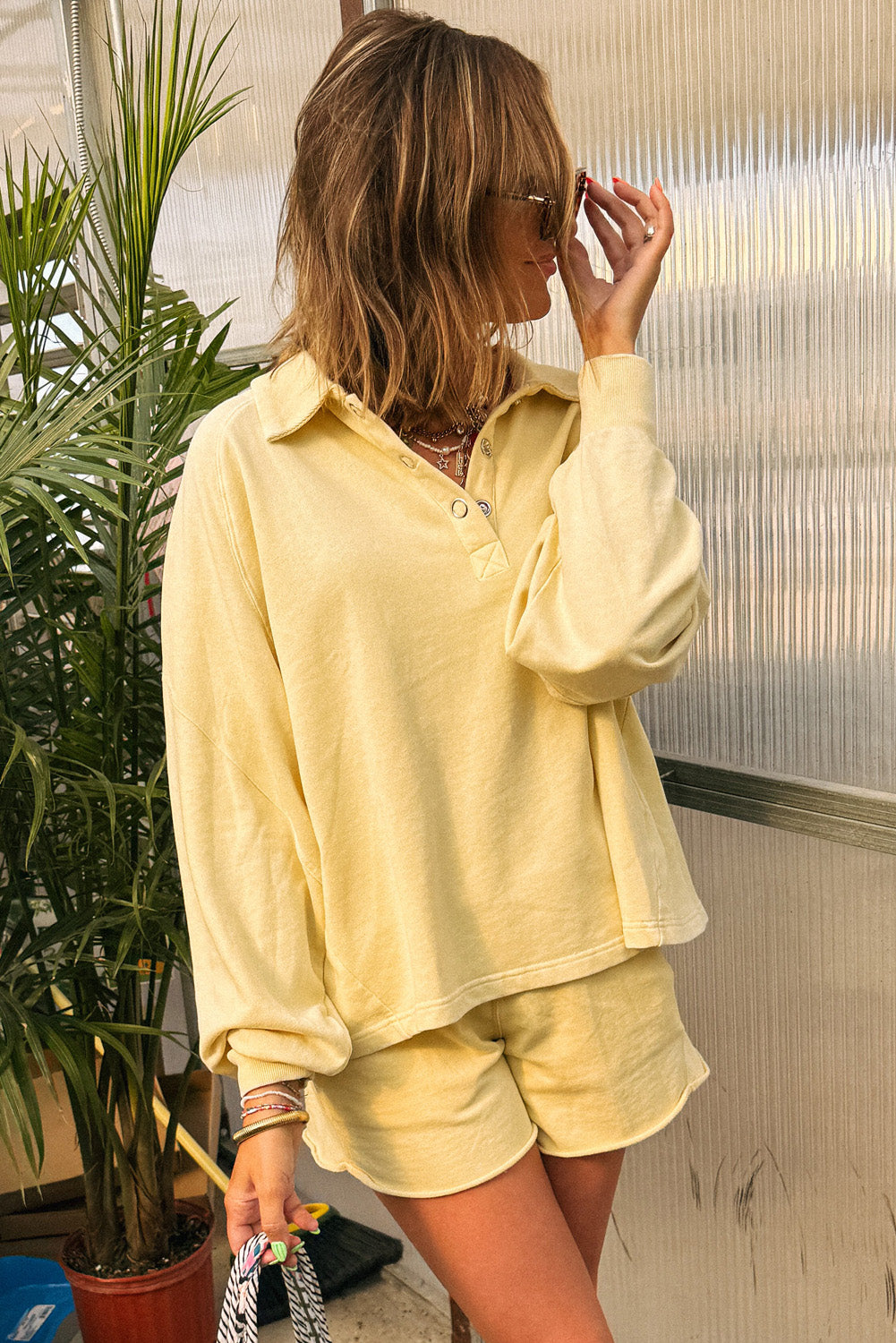 Yellow Cream Button Collar Drop Shoulder Pullover and Shorts Set b4610b60886110d7