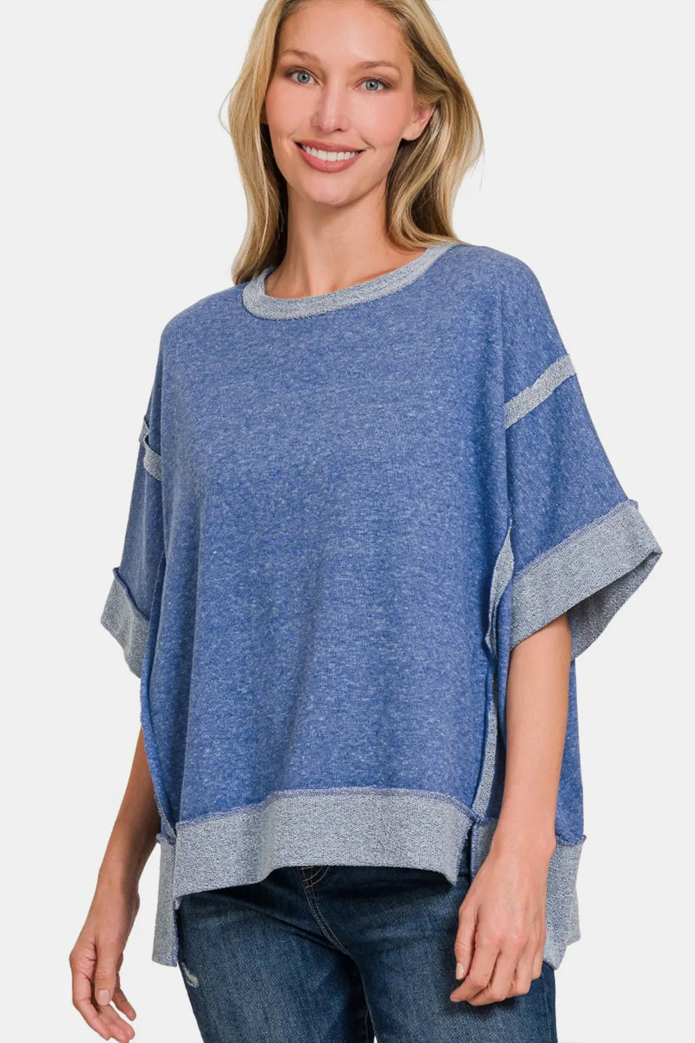 Zenana Contrast Trim Drop Shoulder T-Shirt Lt Navy b4680341-34b9-42d7-96a1-2e4ad7855984-Max