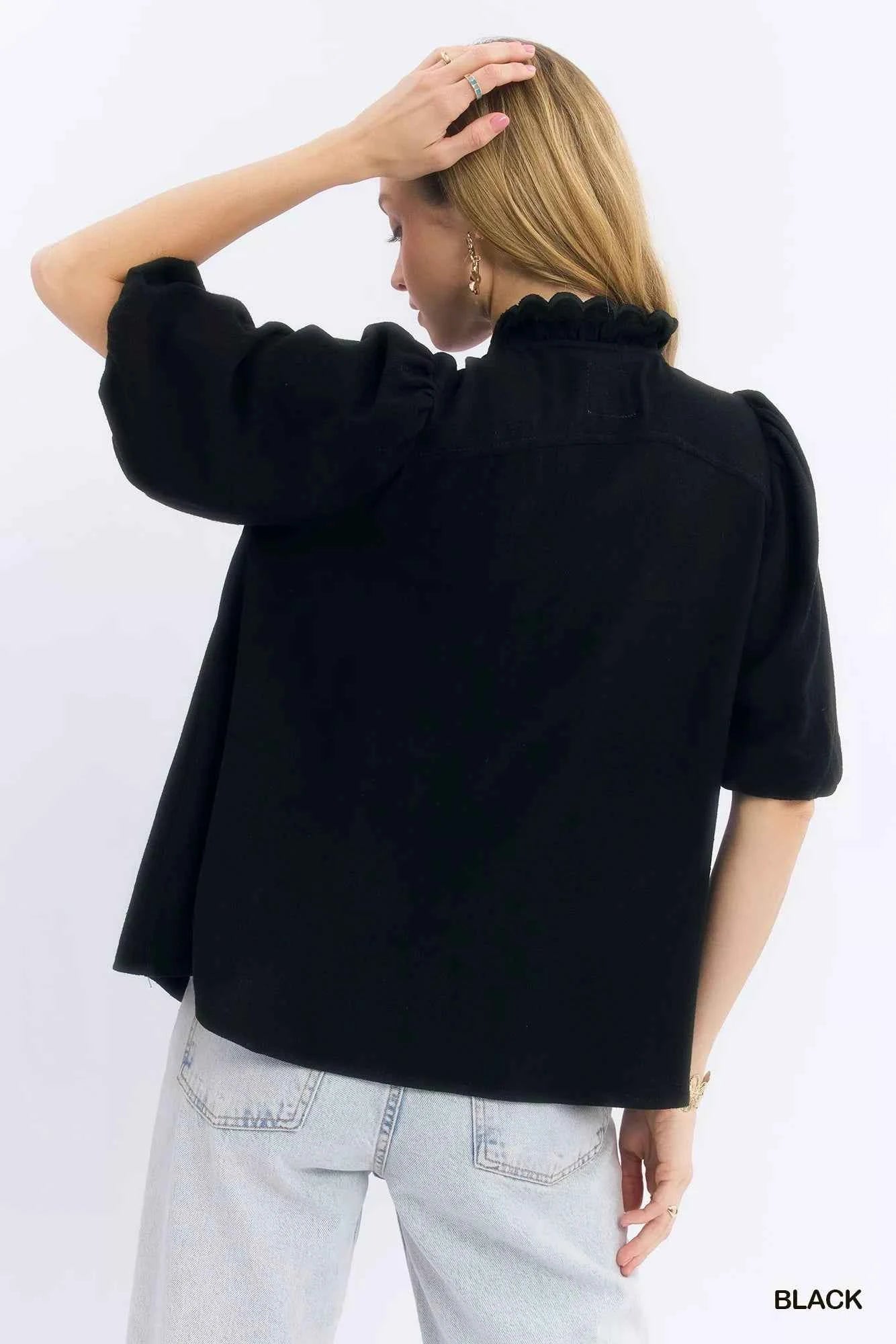 Umgee Linen Scallop Trim V-Neck Blouse b4688f20-4550-4c6a-9d02-bfb12e92d608-Max-Origin
