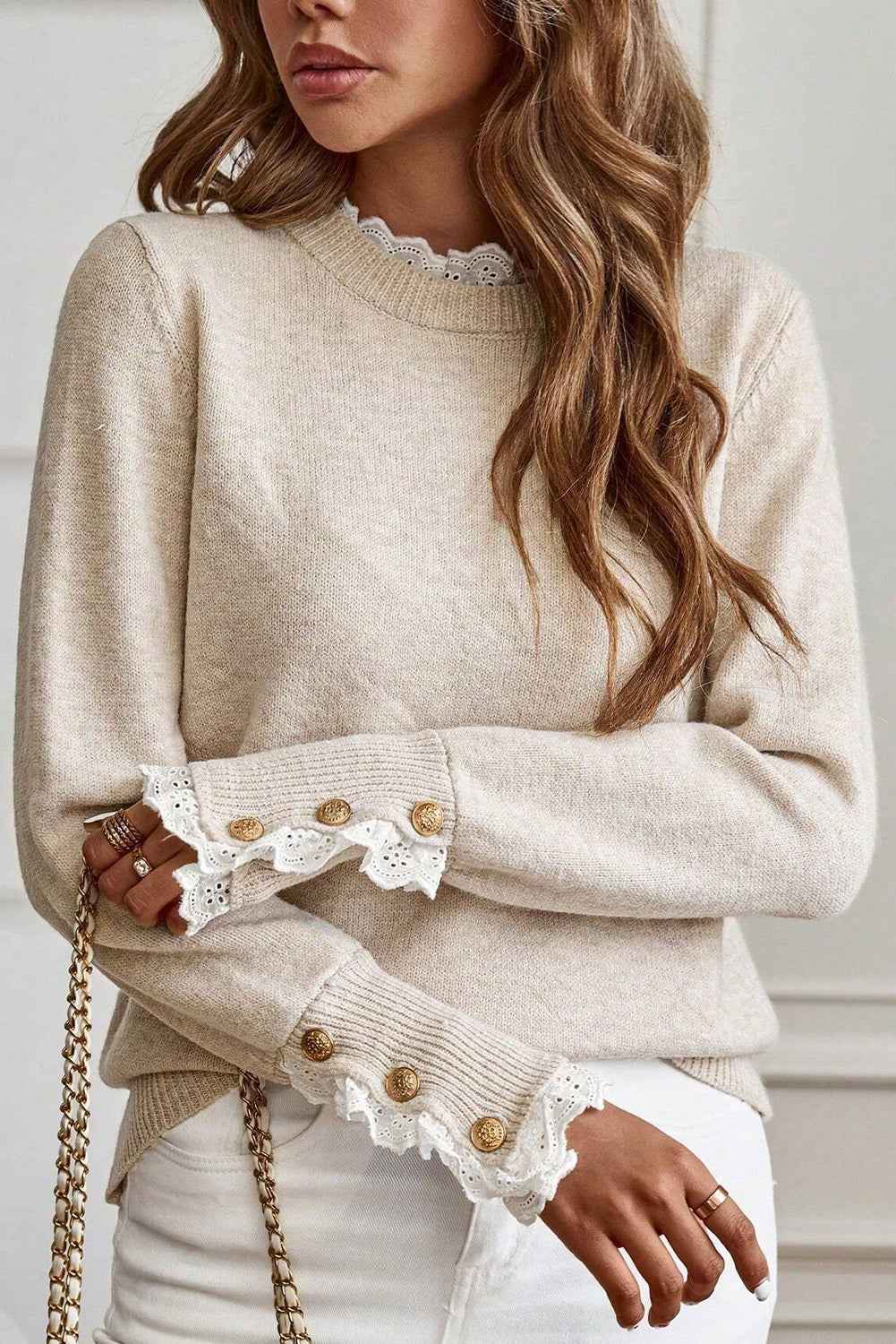 Racing Red Lace Trim Patchwork Buttoned Cuffs Loose Sweater b469b37be010a883