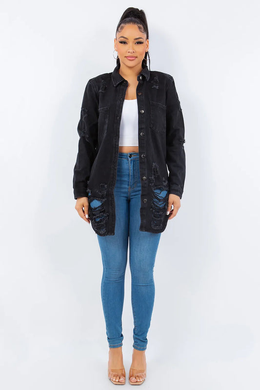 Distressed Button Up Long Sleeve Denim Jacket - 100% Cotton b46bff31-b10f-4f0b-b23b-07e95dad87fe-Max