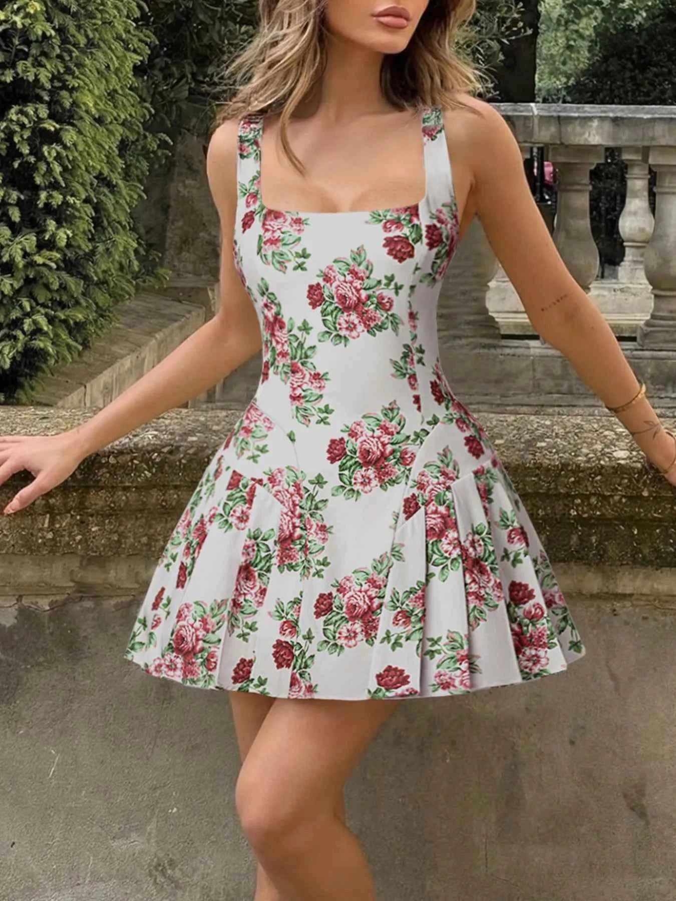 Pleated Floral Print Square Neck Mini Dress b46c9b1e-e017-47d2-a048-44550fbd2f6a-Max-Origin