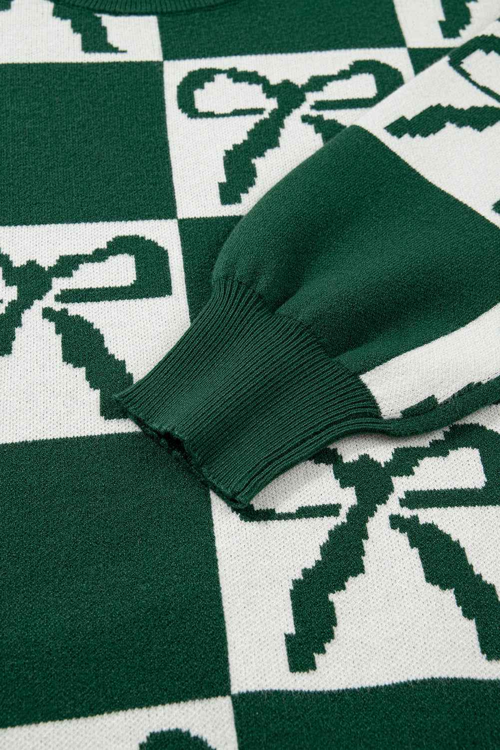 Blackish Green Bow Print Checkered Knit Sweater b46cbcd3da4e6955
