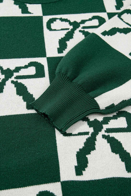 Blackish Green Bow Print Checkered Knit Sweater b46cbcd3da4e6955