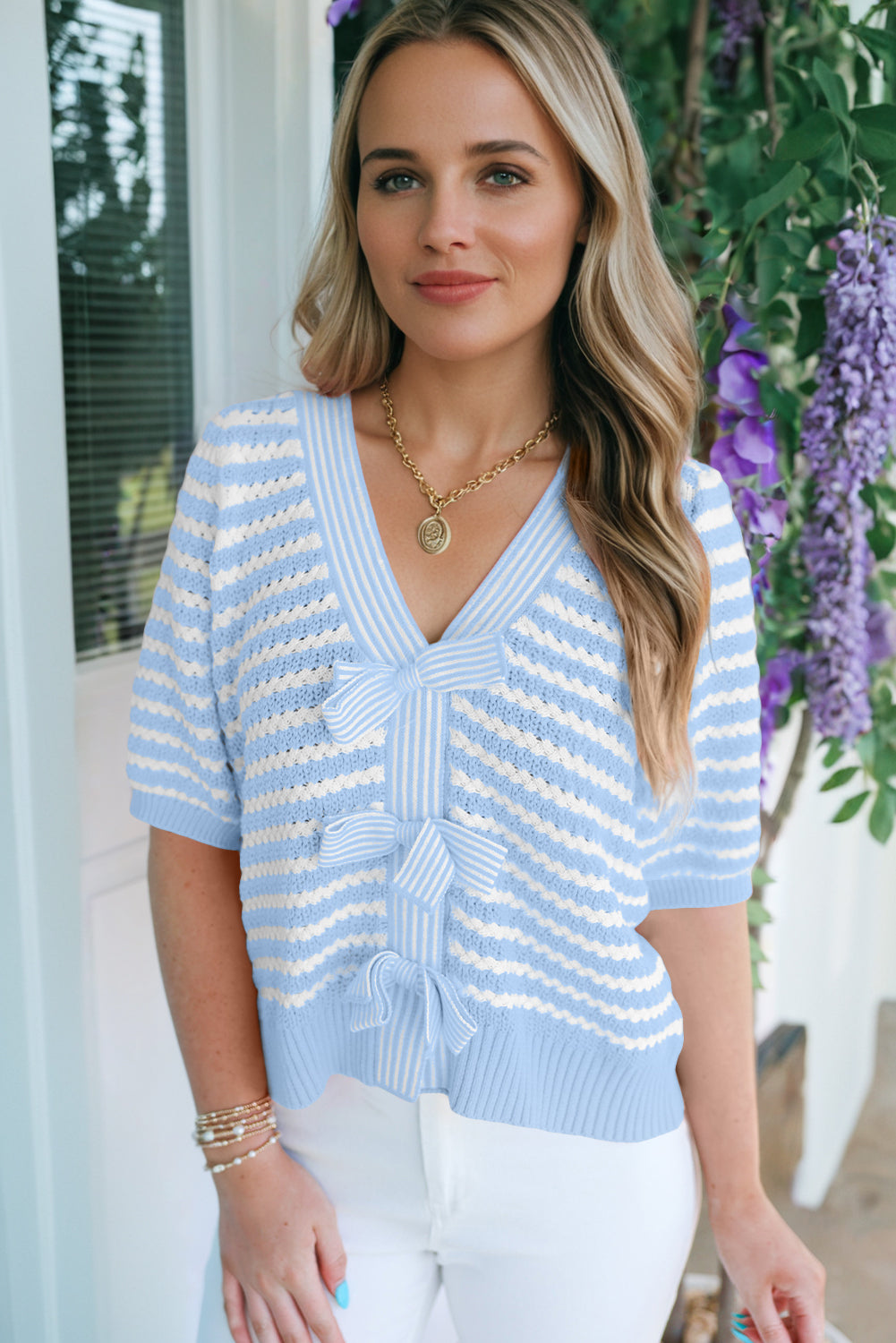 Green Stripe Short Sleeve Knit V Neck Bow Knot Sweater b46e1641801c9e59