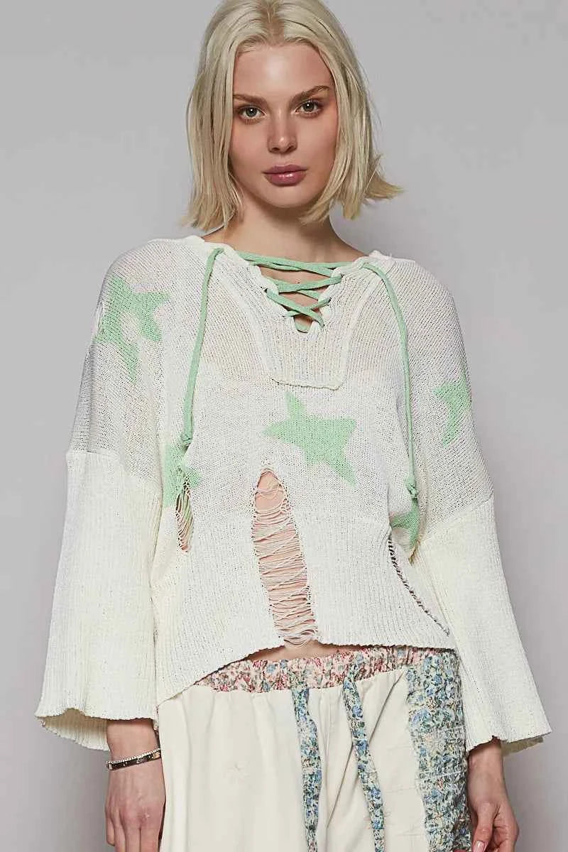 POL Distressed Lace-Up Star Pattern Hooded Hooded Sweater Gum Leaf b46e39cc-9386-4112-ad40-5a8e2474a004-Max-Origin