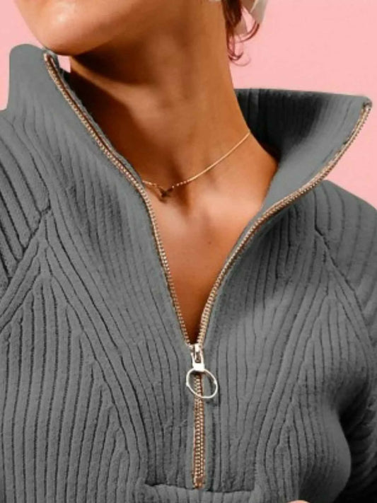 SO ME Half Zip Raglan Balloon Sleeves Ribbed Sweater b471d6b5-f02e-4eb2-83c9-f6b0385b65cc-Max-Origin