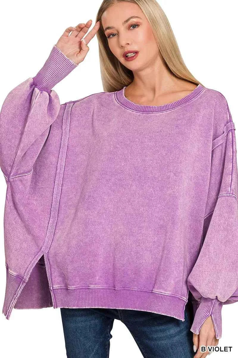 Zenana Acid Washed Batwing Sleeve Fleece Sweatshirt b47348b236824676a155565edbf326e2-Max-Origin