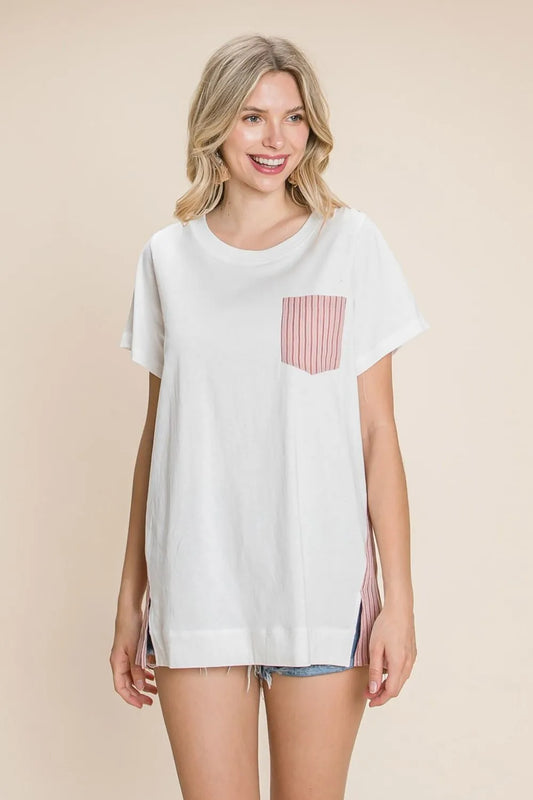 Cotton Bleu by Nu Label Contrast Striped Short Sleeve T-Shirt Berry b4739d8f-148a-4958-8255-b13b94c30d9f-Max