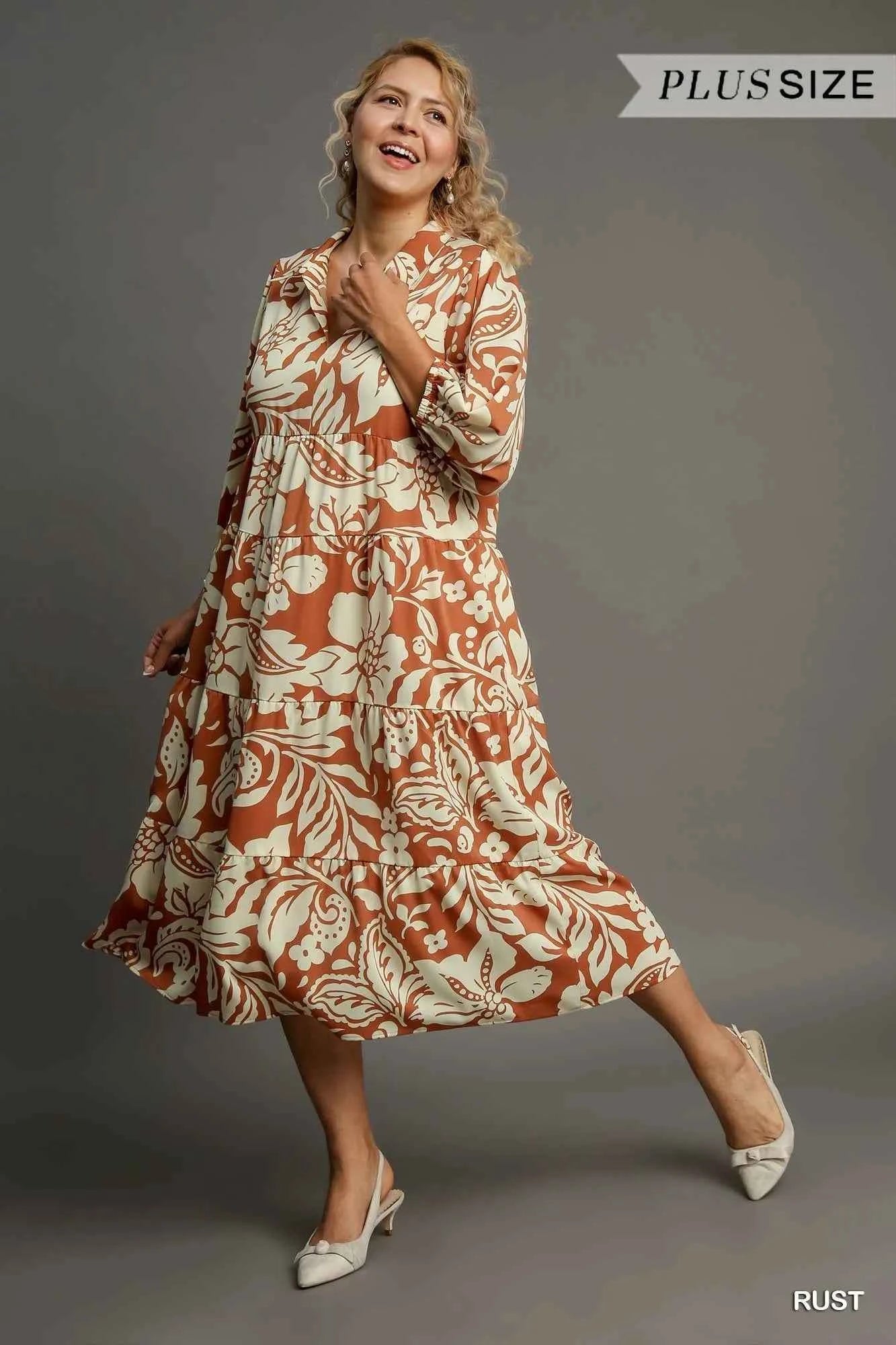 Umgee Full Size Floral Tiered Midi Shirt Dress Plus Size b474fbc4-fef2-4b15-8613-64caa6bf8994-Max-Origin