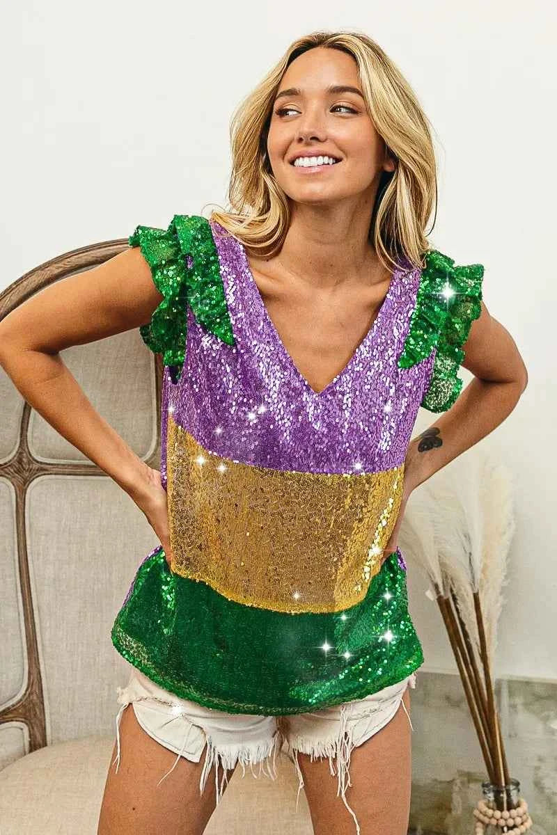 BiBi Mardi Gras Sequin Color Block Ruffled Top b477571680b444eabc56fe2d884c66ba-Max-Origin