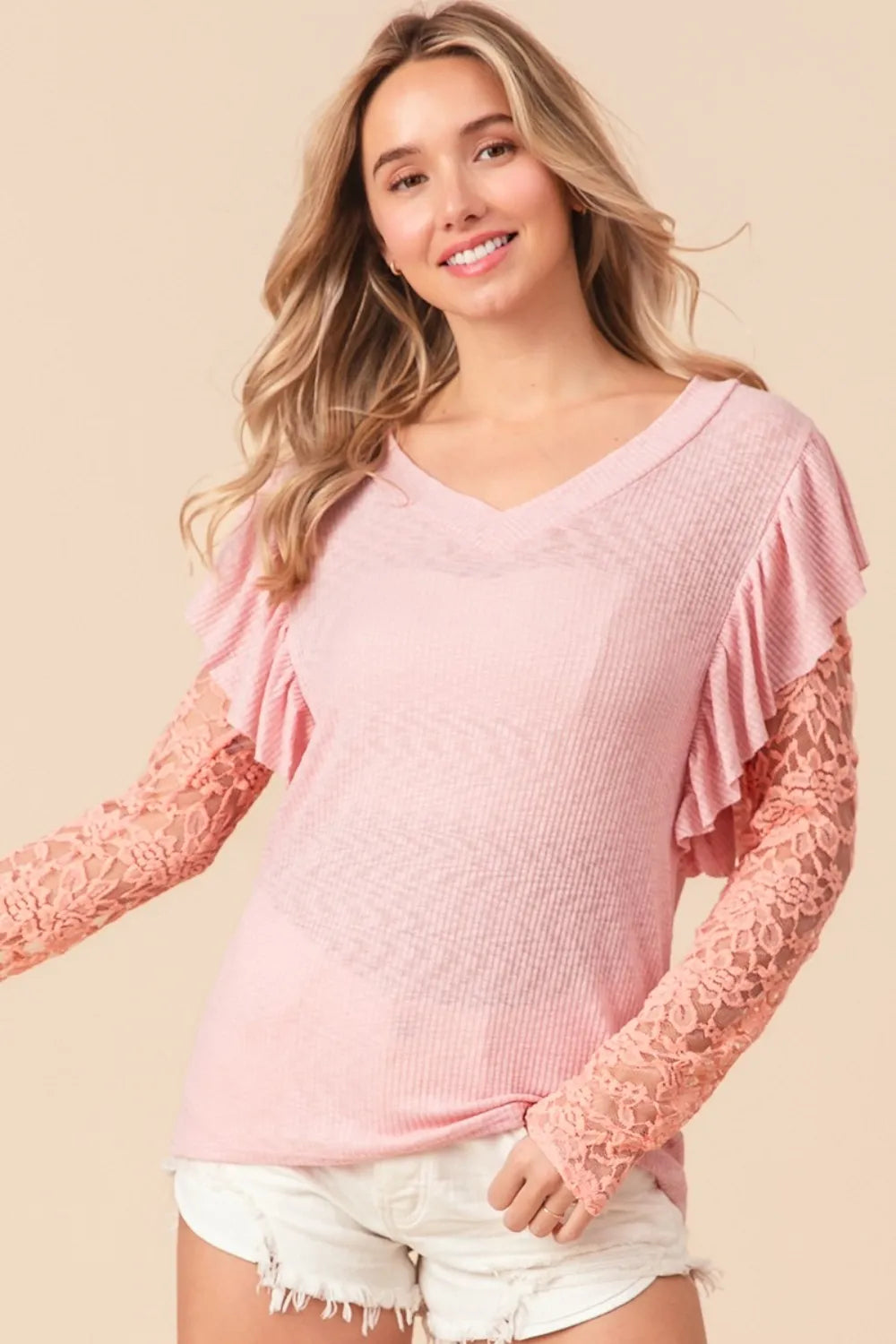 BiBi Ruffled Lace Sleeve Rib Knit Top b47f5506-a484-4597-8b73-ac19a3723ede-Max