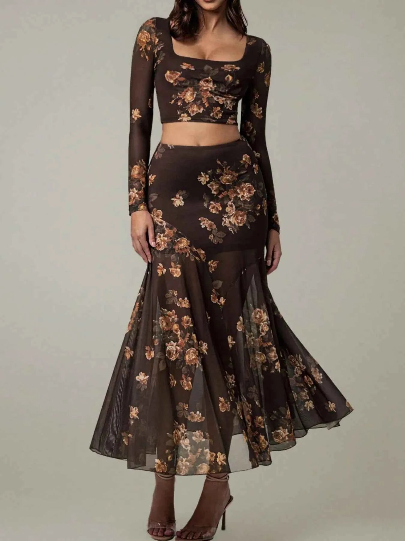Floral Square Neck Top and Skirt Set Chocolate b486dfa9-efcc-4b6a-91a3-e8739631bbda-Max-Origin