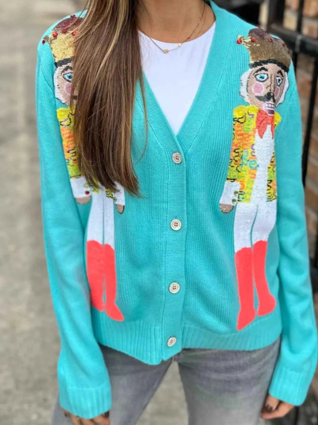 Nutcracker Ribbed Hem V-Neck Cardigan b4879f20-d1c1-4736-afbf-00ccdece6e89-Max-Origin