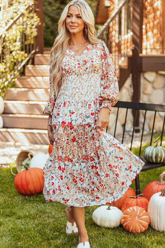 Khaki Floral Print Ruffled Tiered Long Sleeve V Neck Midi Dress b48acfa74bcd4fb9