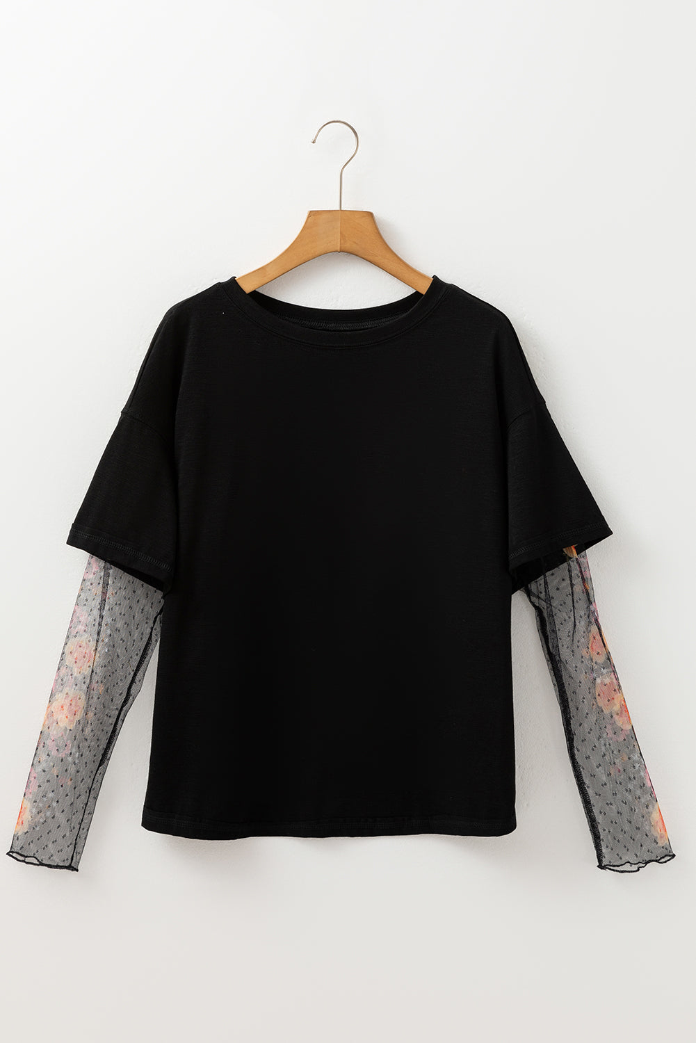 Black Floral Mesh Sleeve Fake Two-Piece Top b48af52b686dc9f5