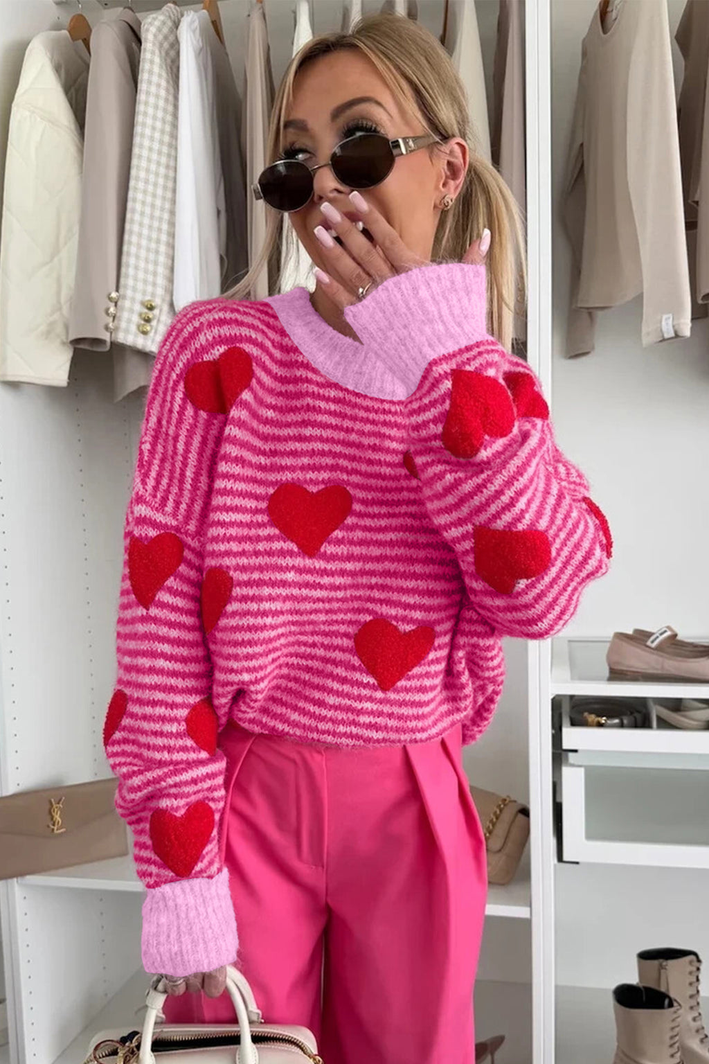 Rose Stripe Contrast Heart Pattern Valentine Knit Sweater b48e98aeaf6955f5