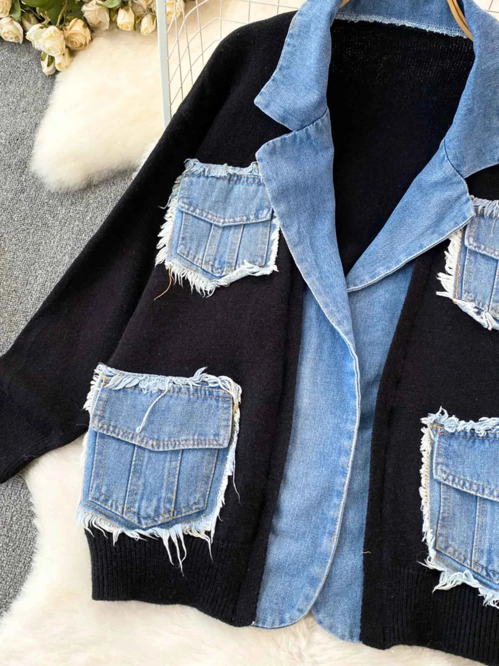 Raw Hem Denim Pocket Patchwork Cardigan b48ebe1b79a5435786481b6ce013af2f-Max-Origin