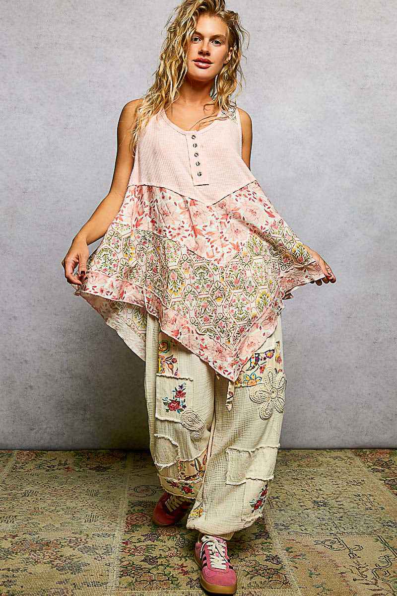 POL Round Neck Ribbed Tank with Woven Print Patch b4900ba2-c6b0-4f0a-a736-3047e3c6bf6f-Max