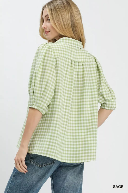 Gingham Puff Sleeve Collared Blouse b4904f6b-fe94-4551-9a2e-6eeb2d01384e-Max-Origin
