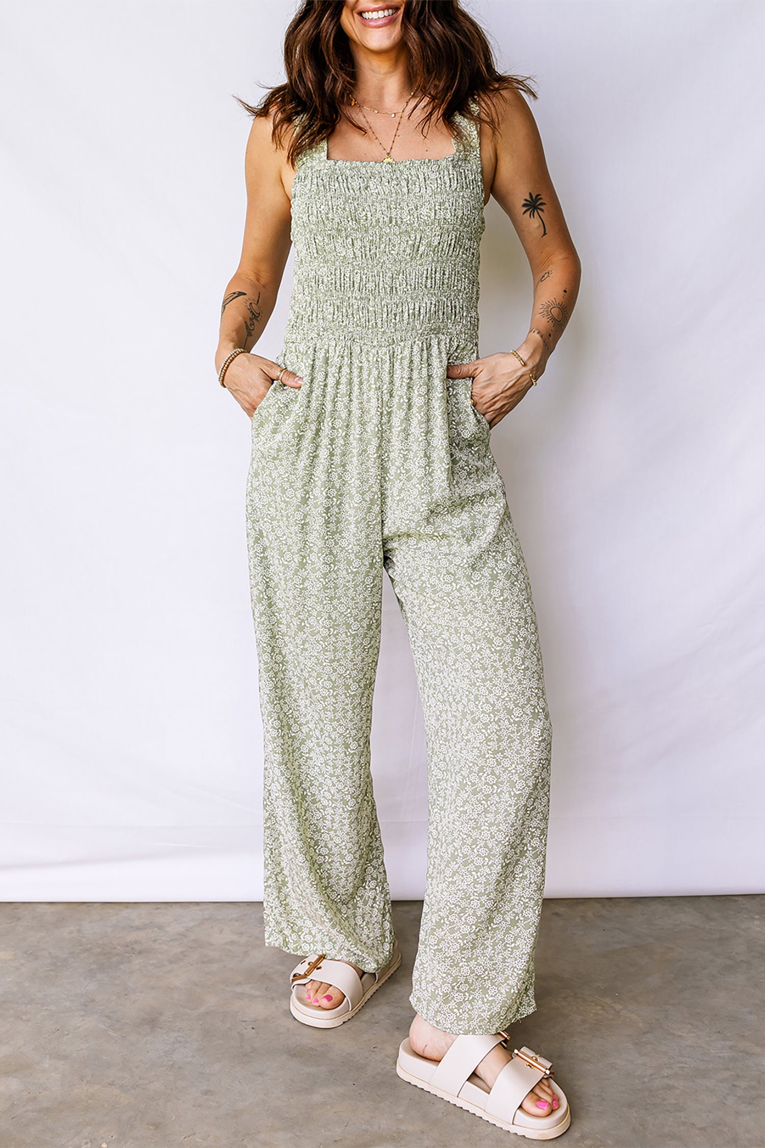 Green Smocked Bodice Square Neck Sleeveless Floral Jumpsuit Green 100%Viscose b492a020d6d19965