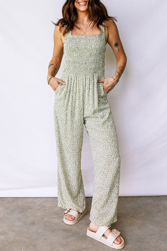 Green Smocked Bodice Square Neck Sleeveless Floral Jumpsuit Green 100%Viscose b492a020d6d19965