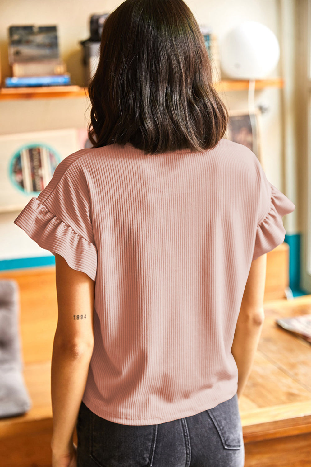 Dusty Pink Solid Color Ribbed Ruffled Short Sleeve T Shirt b4943a6314c46d74