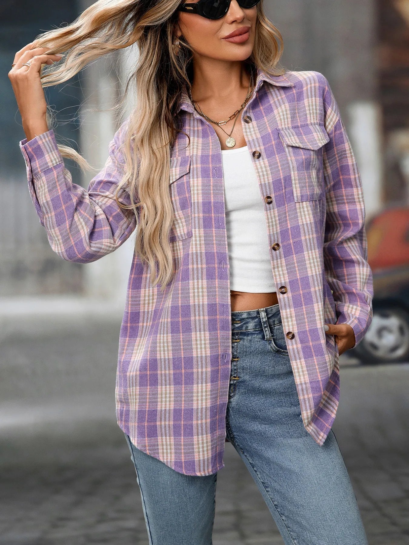 Plaid Button-Down Oversized Shirt Purple b4993f2b-3e23-4669-87f1-c990338599a1-Max-Origin