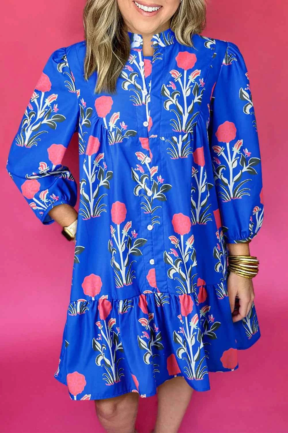Floral Print Long Sleeve Ruffle Hem Dress Royal Blue b49a93ad-2b51-46c4-8d06-21ab04e7da71-Max-Origin