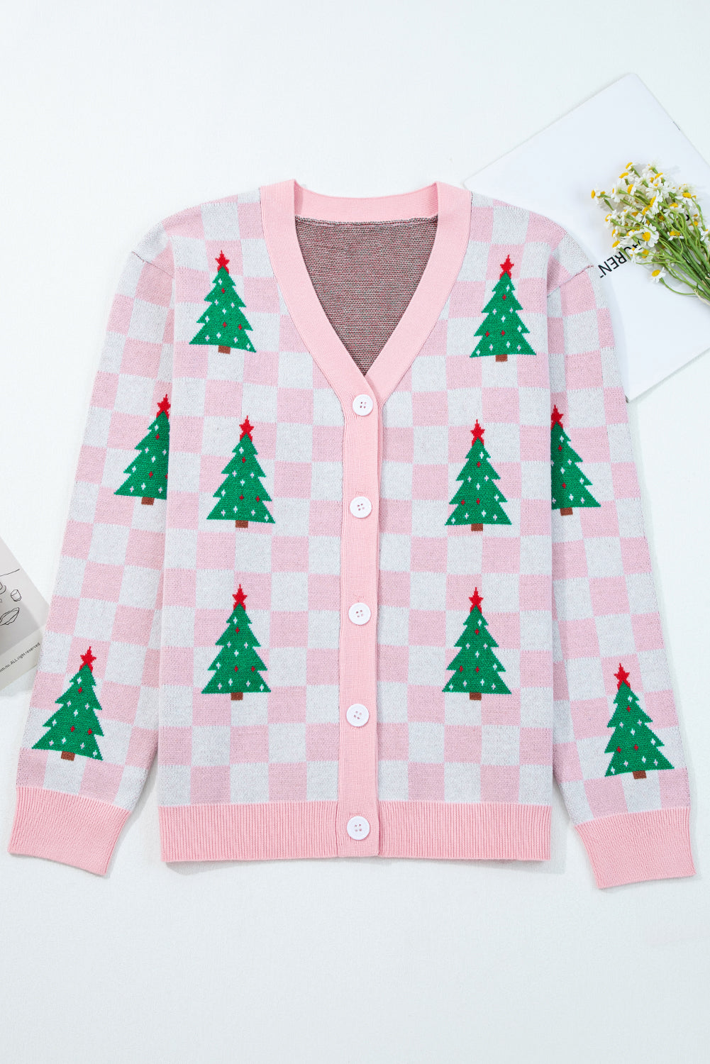 Red Checkered Christmas Tree Pattern Button V Neck Knit Cardigan b49ac7c6eabe0706